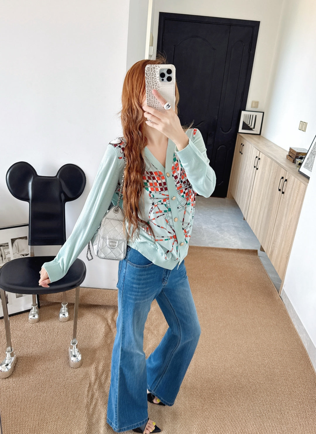 Patterned patchwork knit cardigan