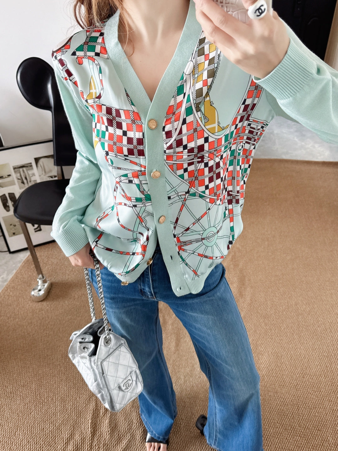 Patterned patchwork knit cardigan
