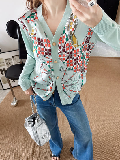 Patterned patchwork knit cardigan