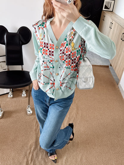 Patterned patchwork knit cardigan