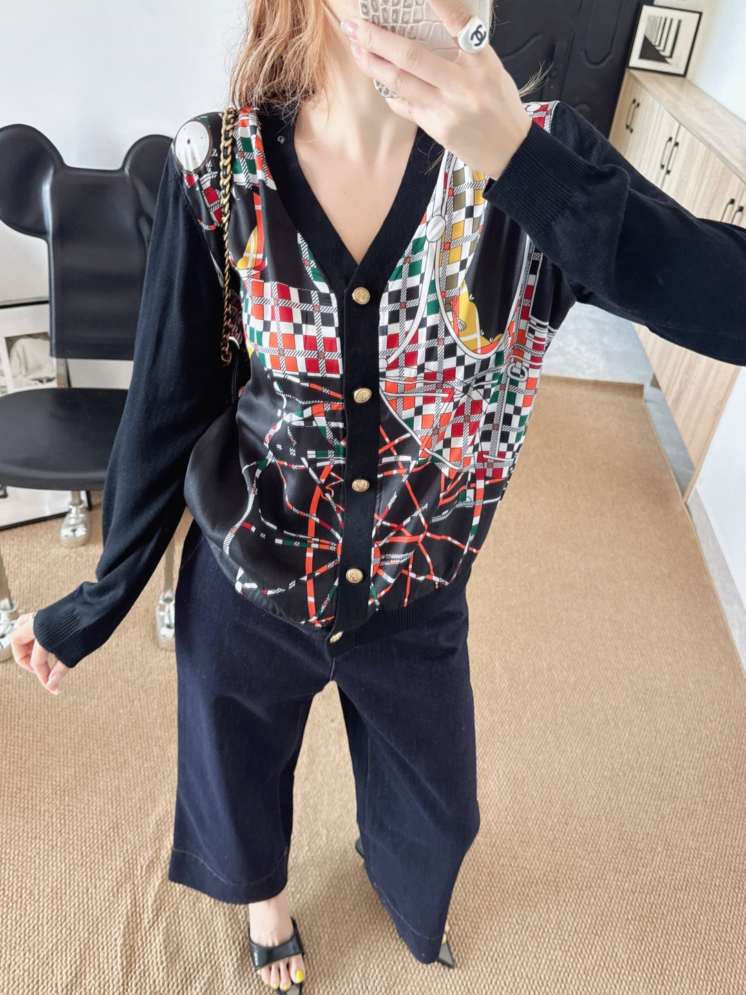 Patterned patchwork knit cardigan