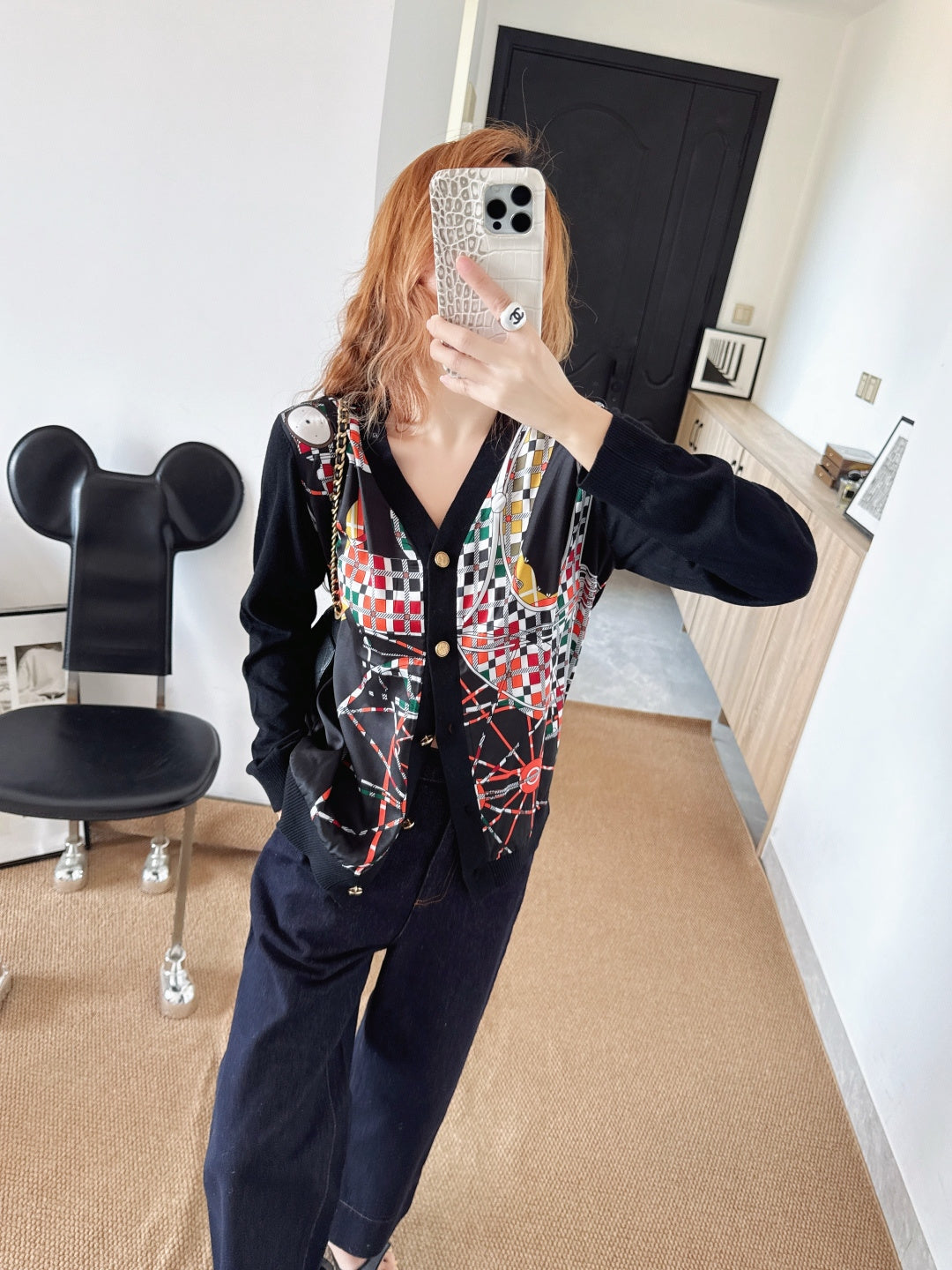 Patterned patchwork knit cardigan