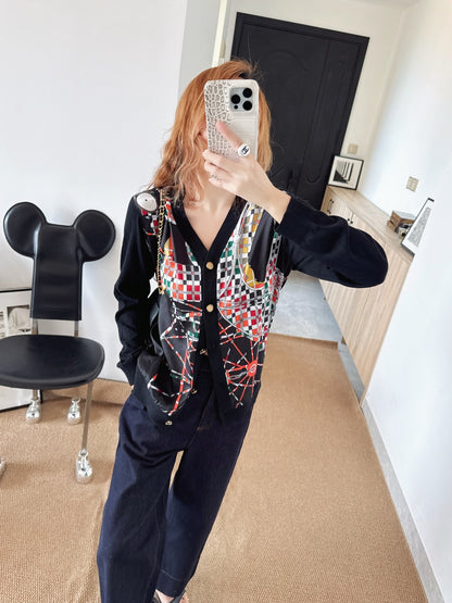 Patterned patchwork knit cardigan