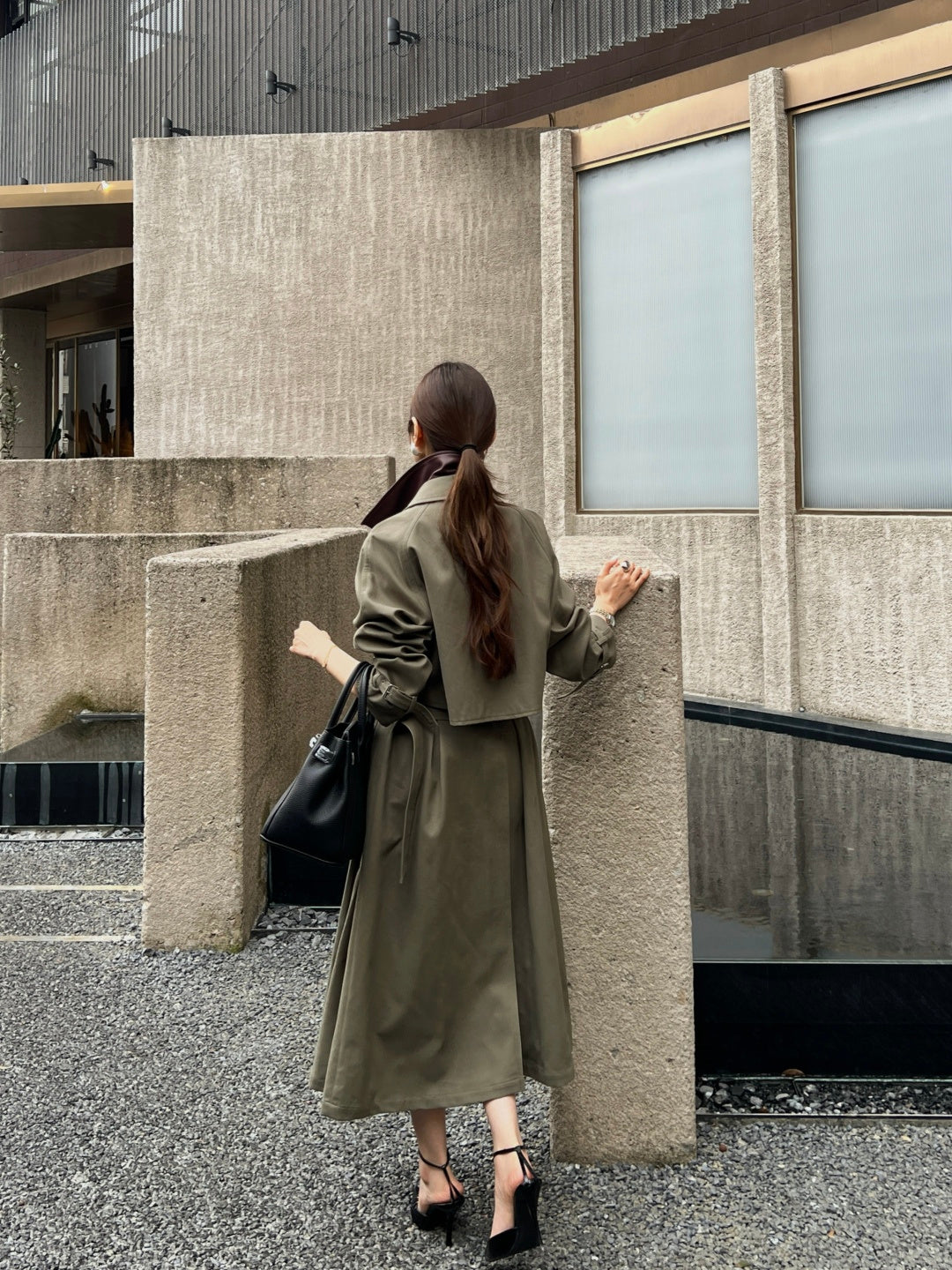 Color-blocked Lapel Trench Coat