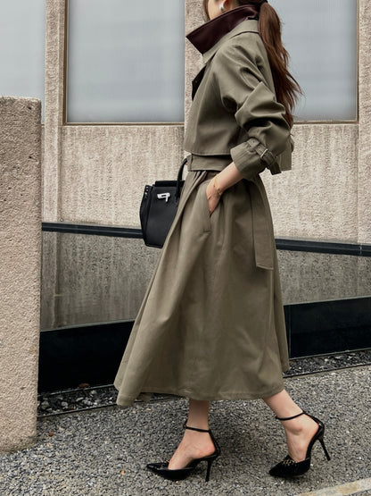 Color-blocked Lapel Trench Coat