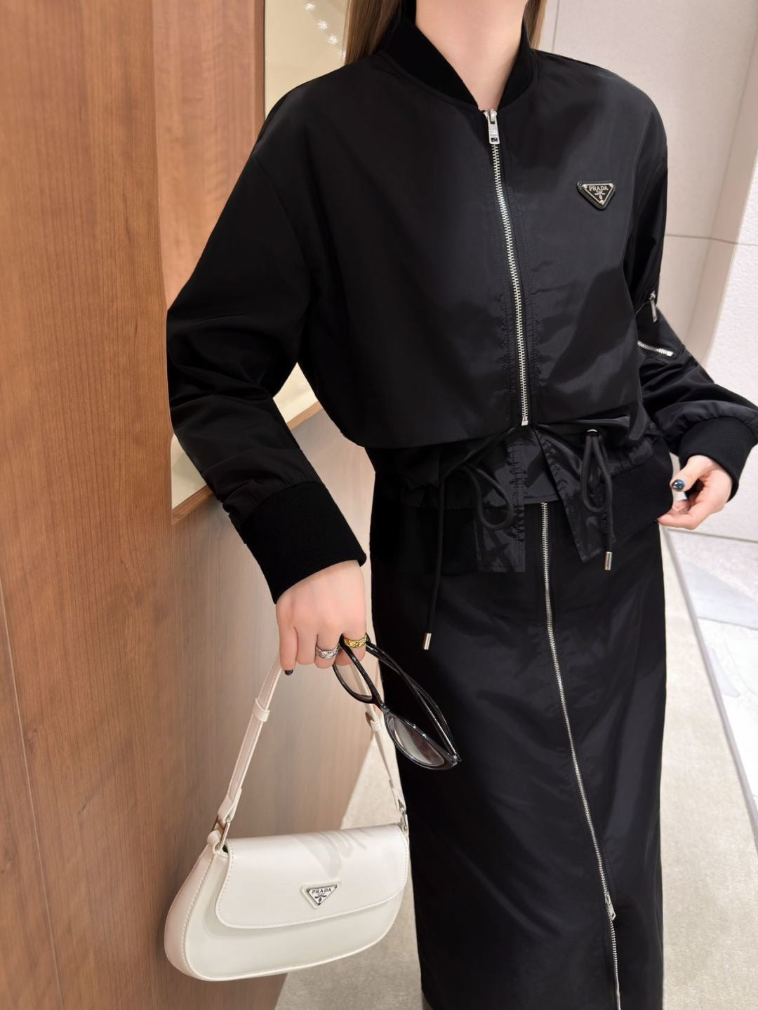 Stand-up collar nylon jacket + zip-up skirt