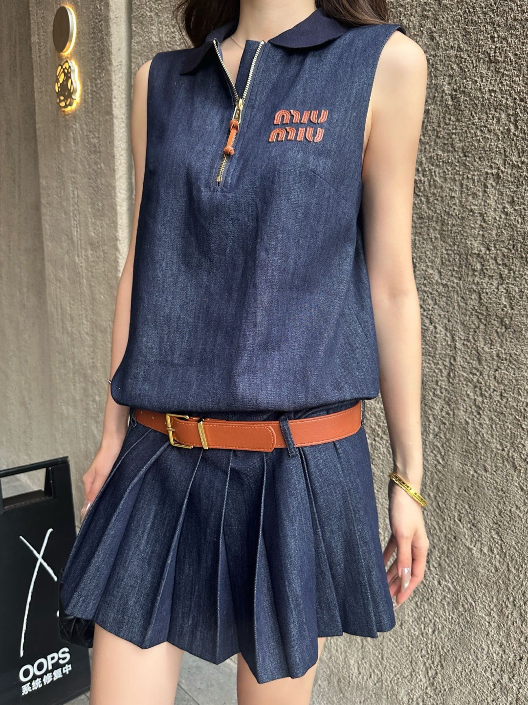 Denim Sleeveless Pleated Dress