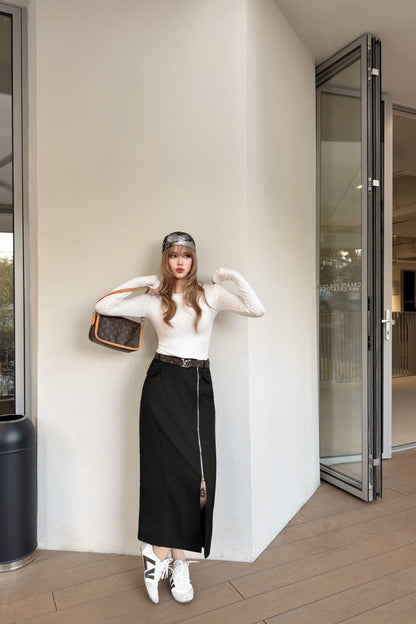 Side zipper midi skirt