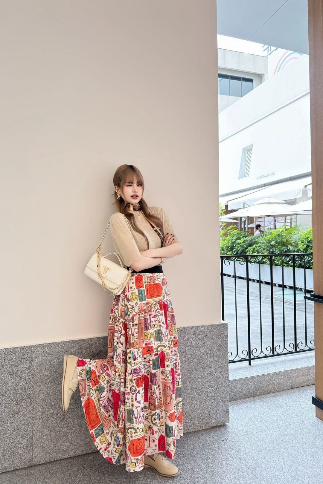 Printed Elastic Waist Midi Skirt