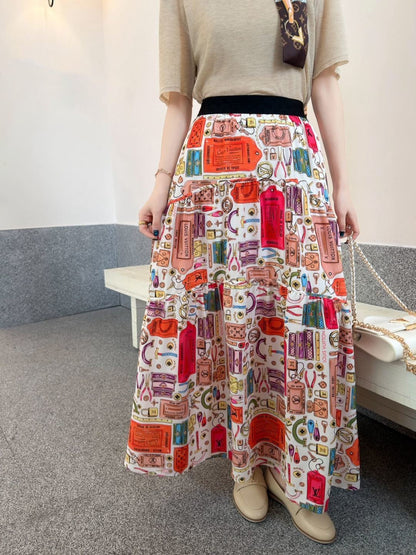 Printed Elastic Waist Midi Skirt
