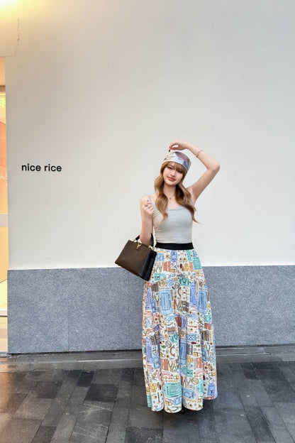 Printed Elastic Waist Midi Skirt