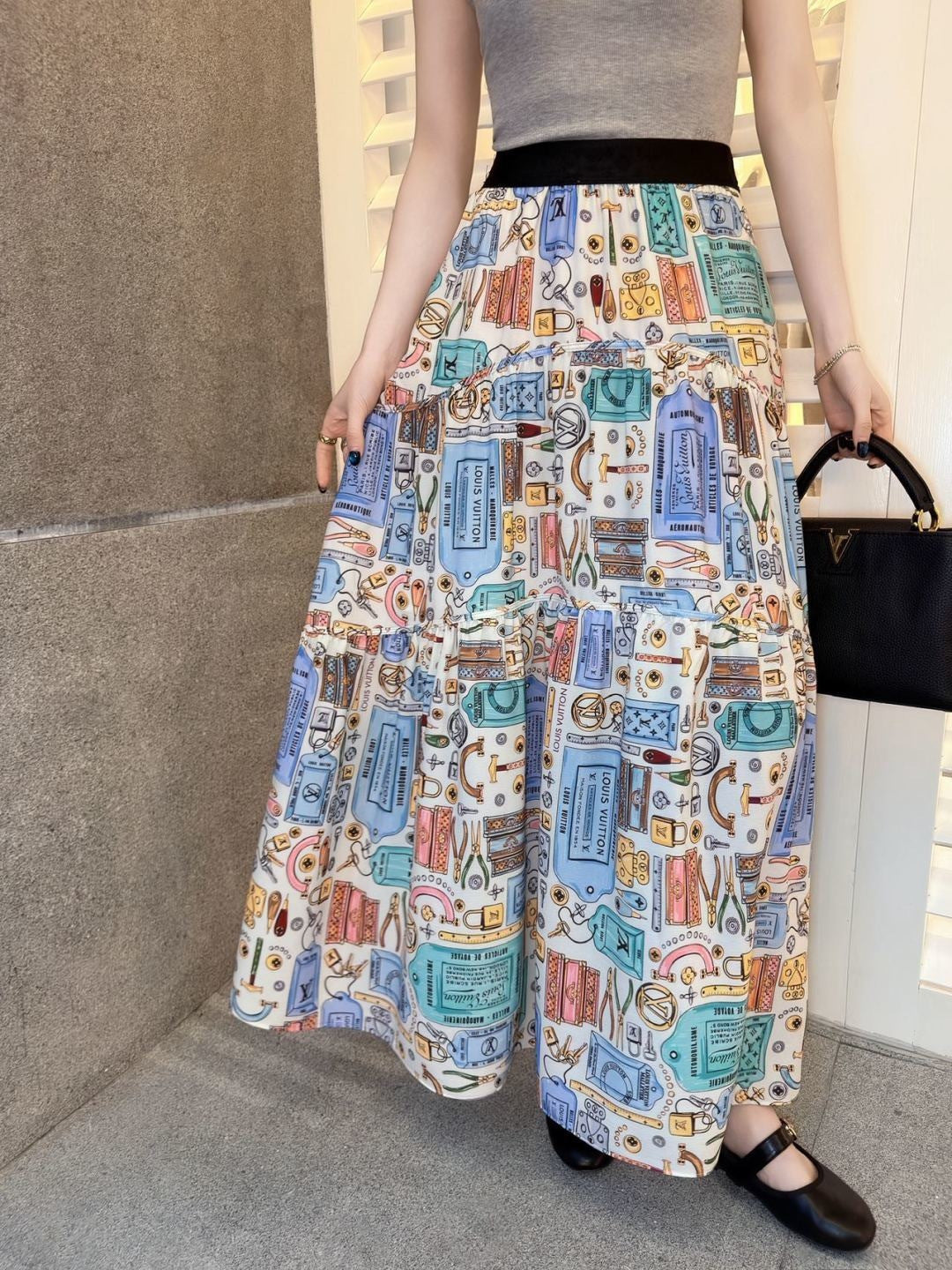 Printed Elastic Waist Midi Skirt