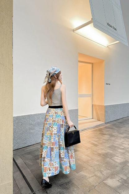 Printed Elastic Waist Midi Skirt