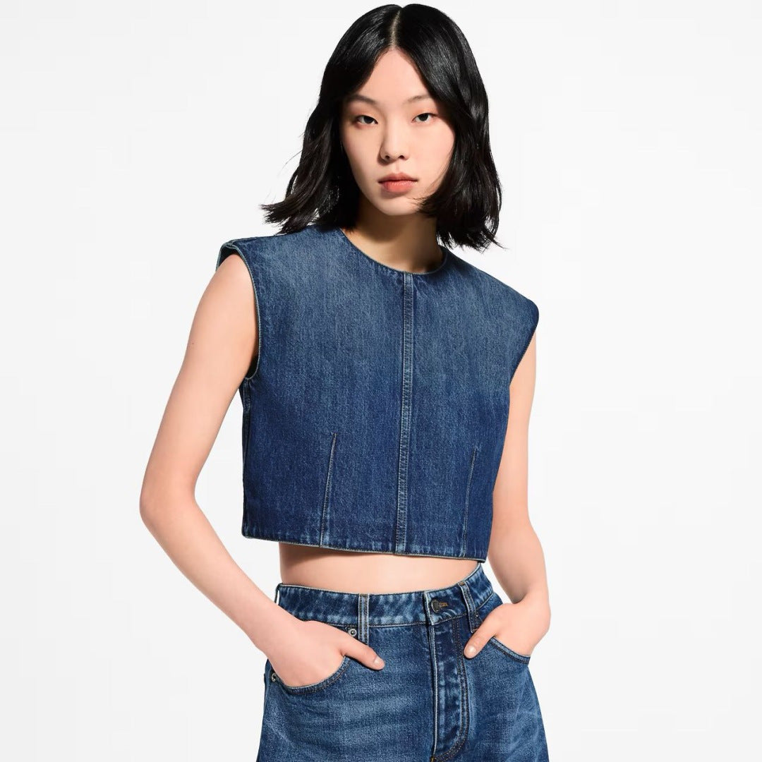 Cuffed Denim Vest with Back Slit