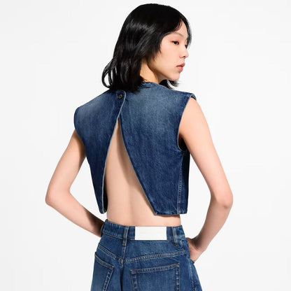 Cuffed Denim Vest with Back Slit