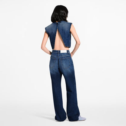 Cuffed Denim Vest with Back Slit