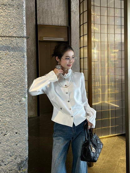 Ruffled trim waist-cinching shirt