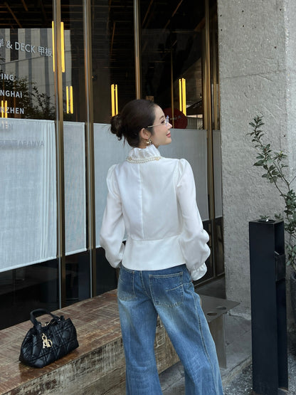 Ruffled trim waist-cinching shirt