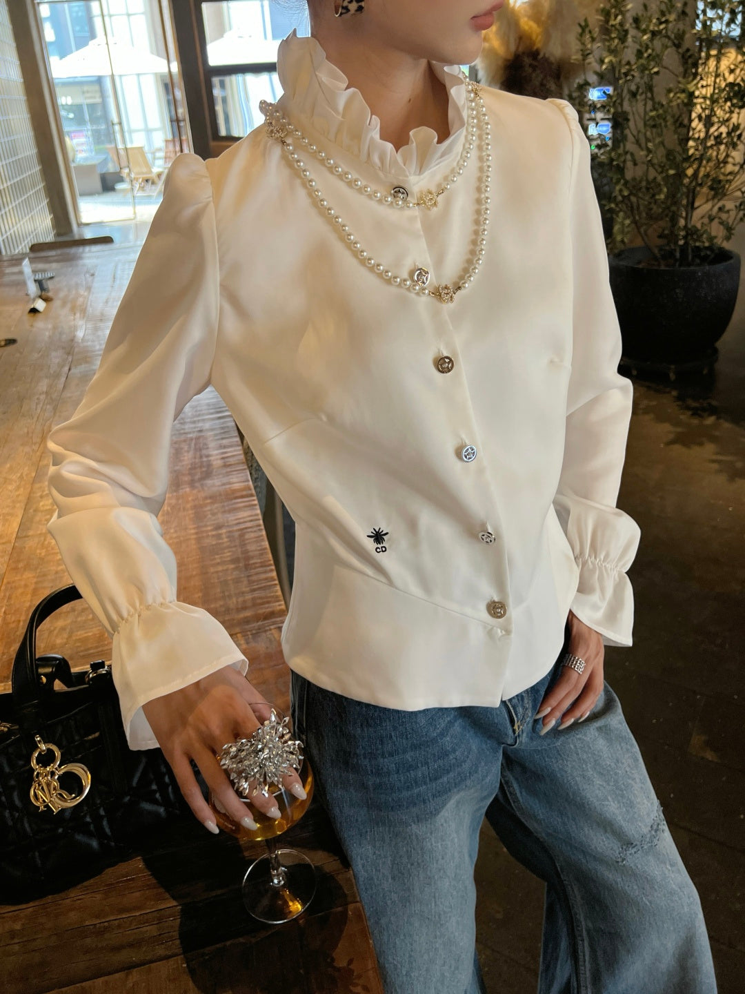 Ruffled trim waist-cinching shirt