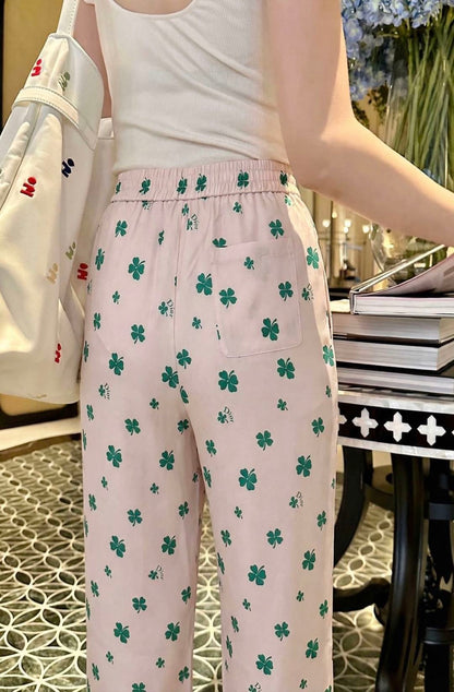 Four-leaf clover print straight-leg pants