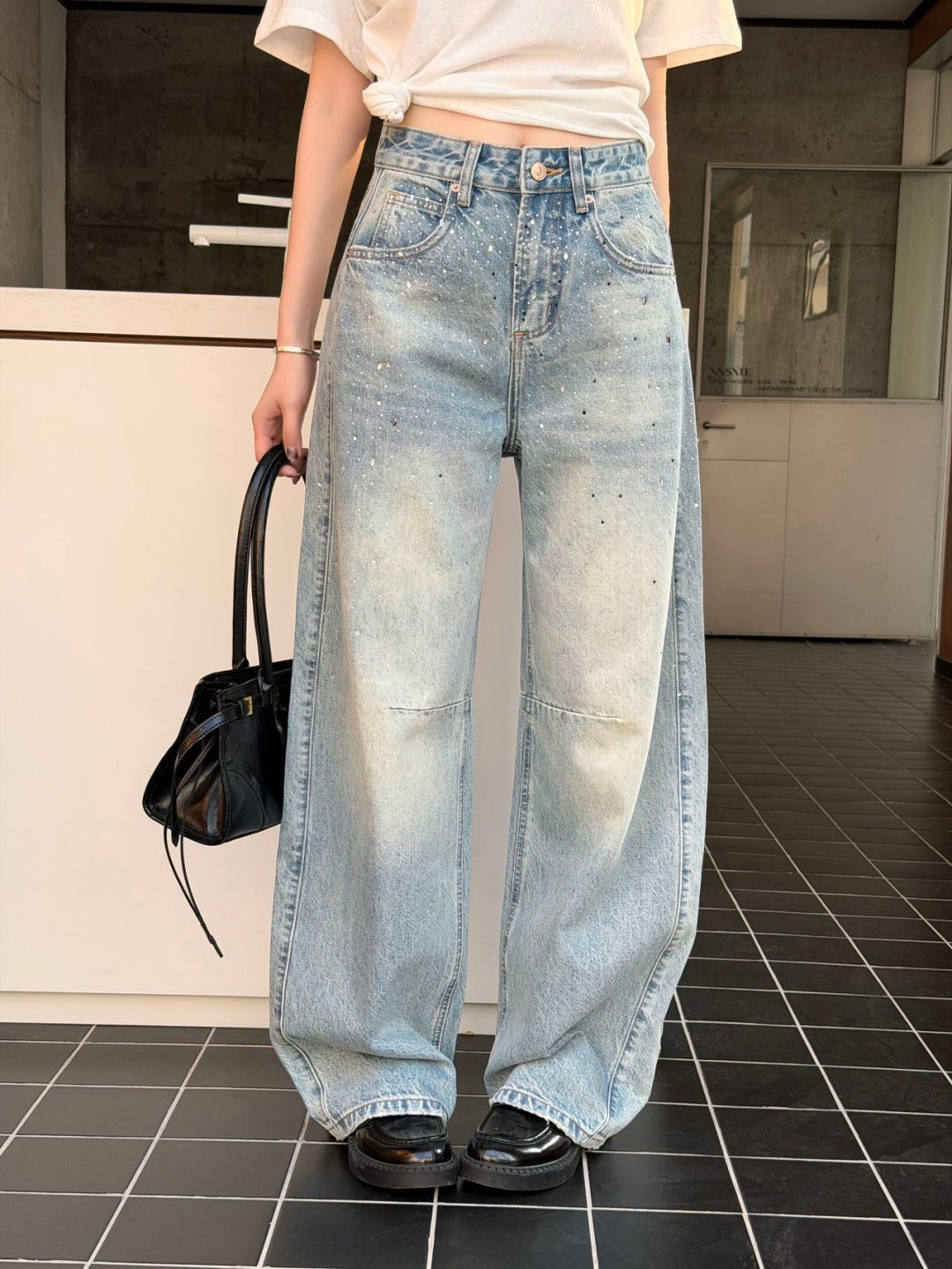 26ss Rhinestone-embellished wide-leg jeans