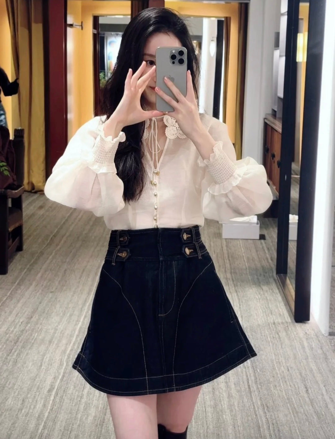 26ss High-waisted A-line denim midi skirt