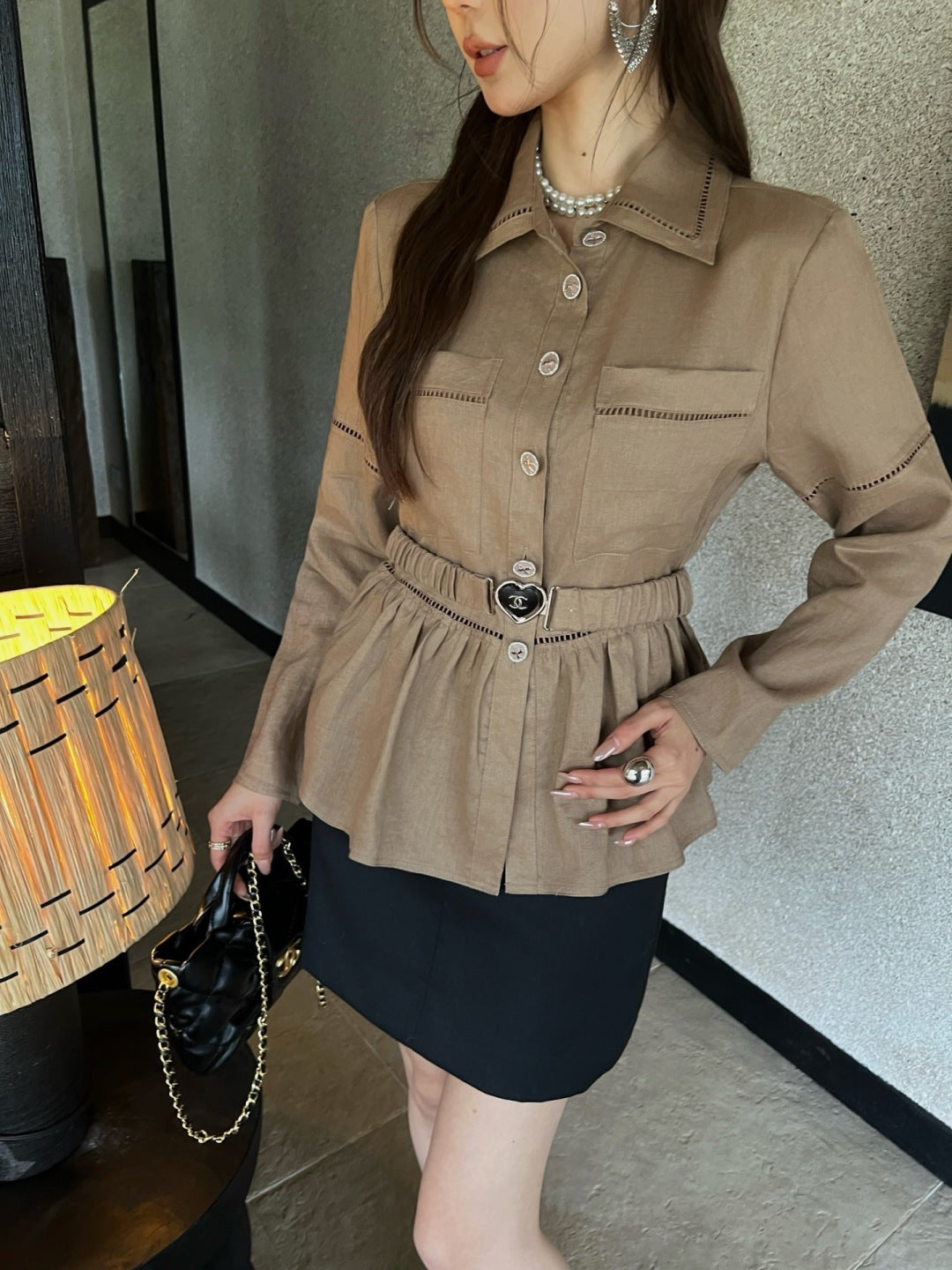 26ss Patchwork lace-trimmed fitted waist shirt