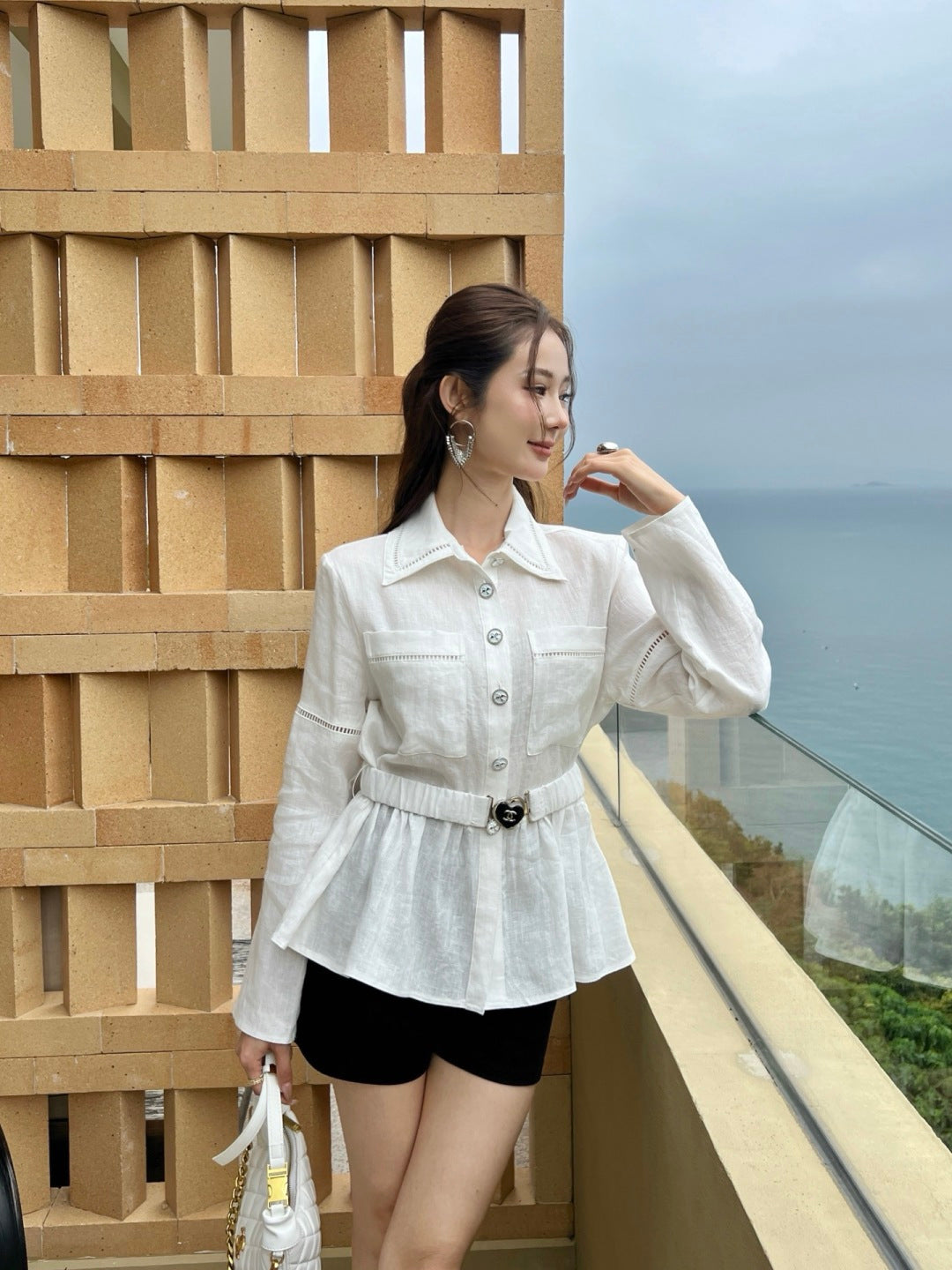 26ss Patchwork lace-trimmed fitted waist shirt