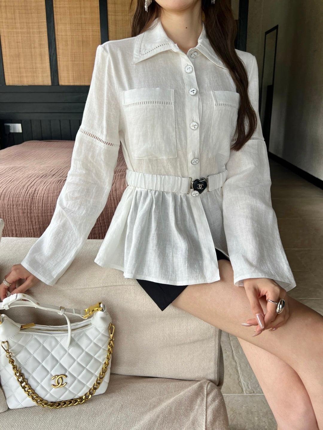 26ss Patchwork lace-trimmed fitted waist shirt