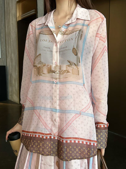 26ss Printed Sheer Shirt/Pleated Skirt