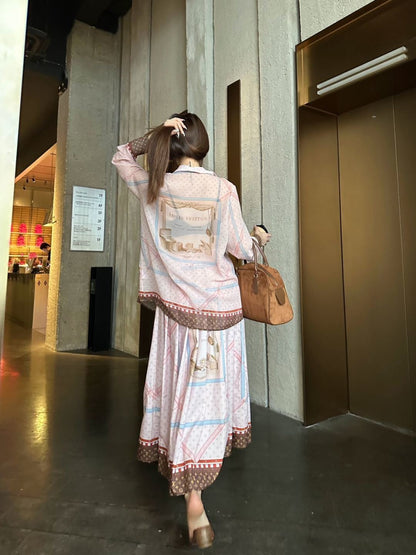 26ss Printed Sheer Shirt/Pleated Skirt