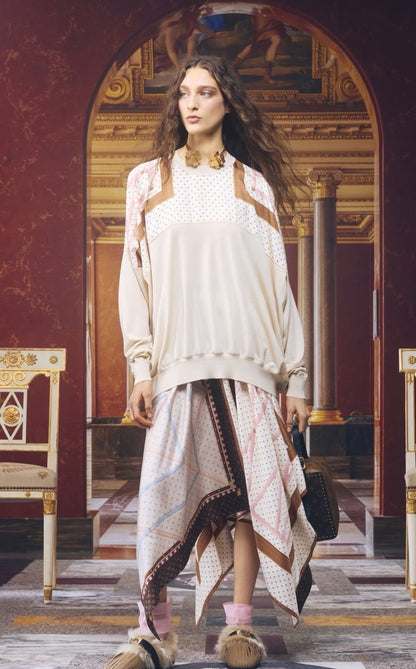 26ss Patchwork printed irregular hem midi skirt