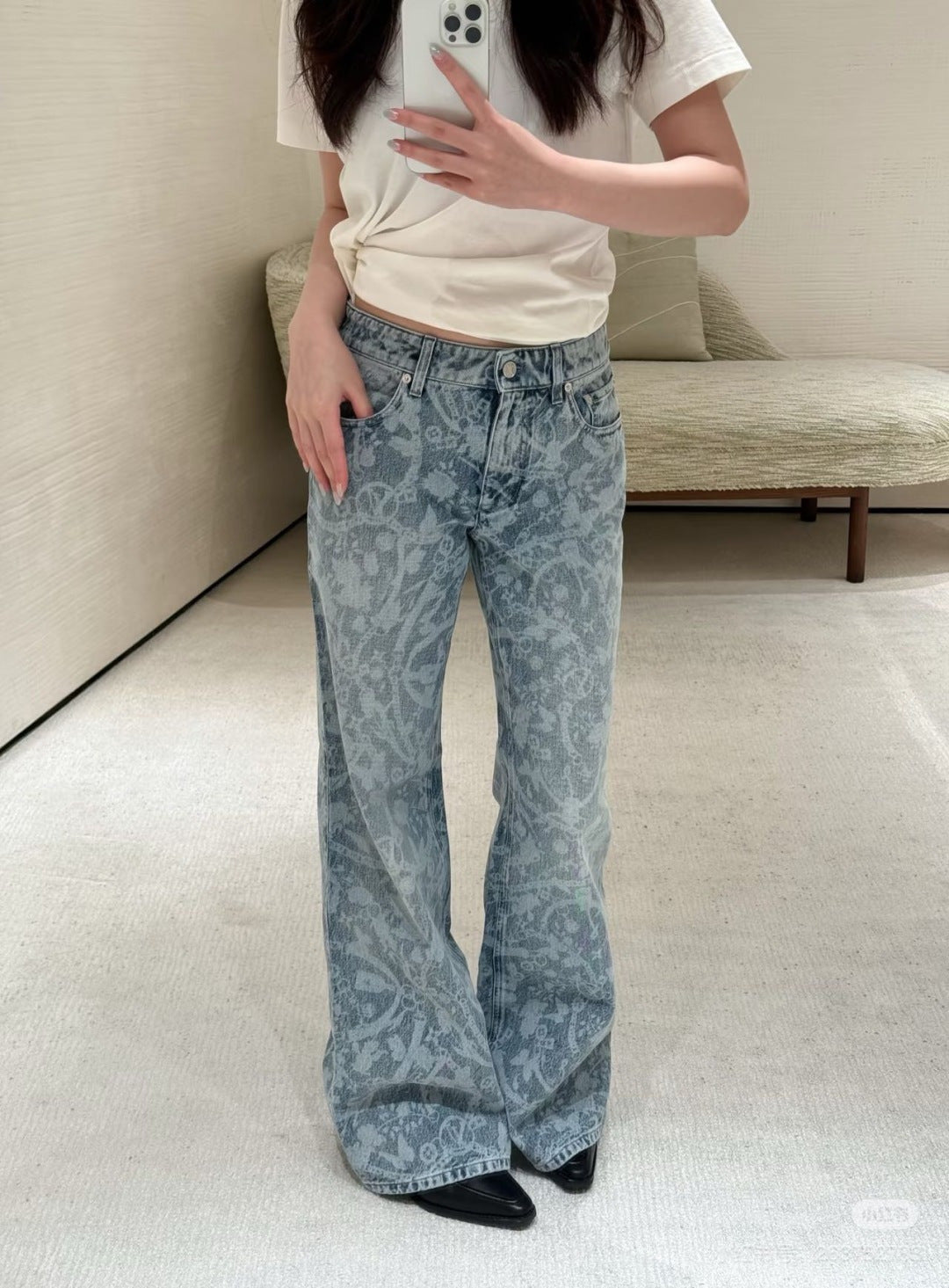 26ss Laser-studded chain denim jeans