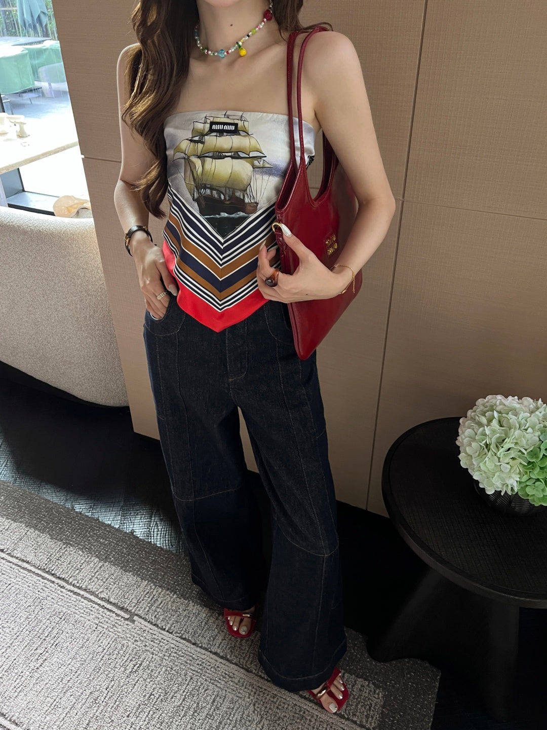 26ss Halter-neck printed strapless top