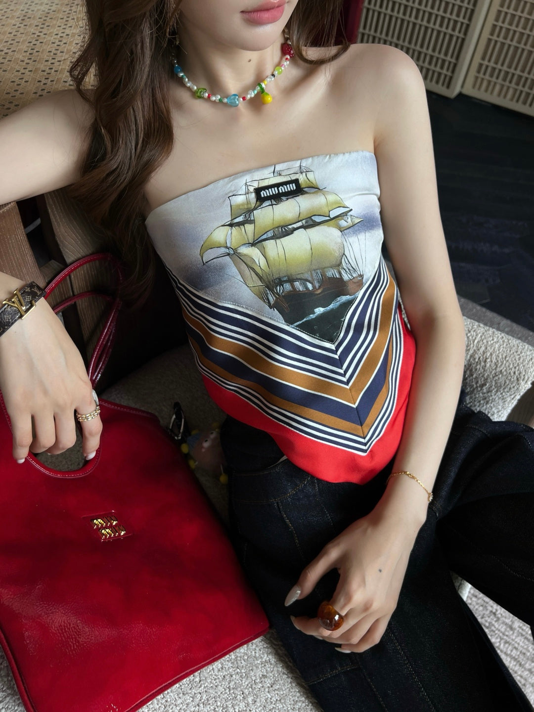 26ss Halter-neck printed strapless top