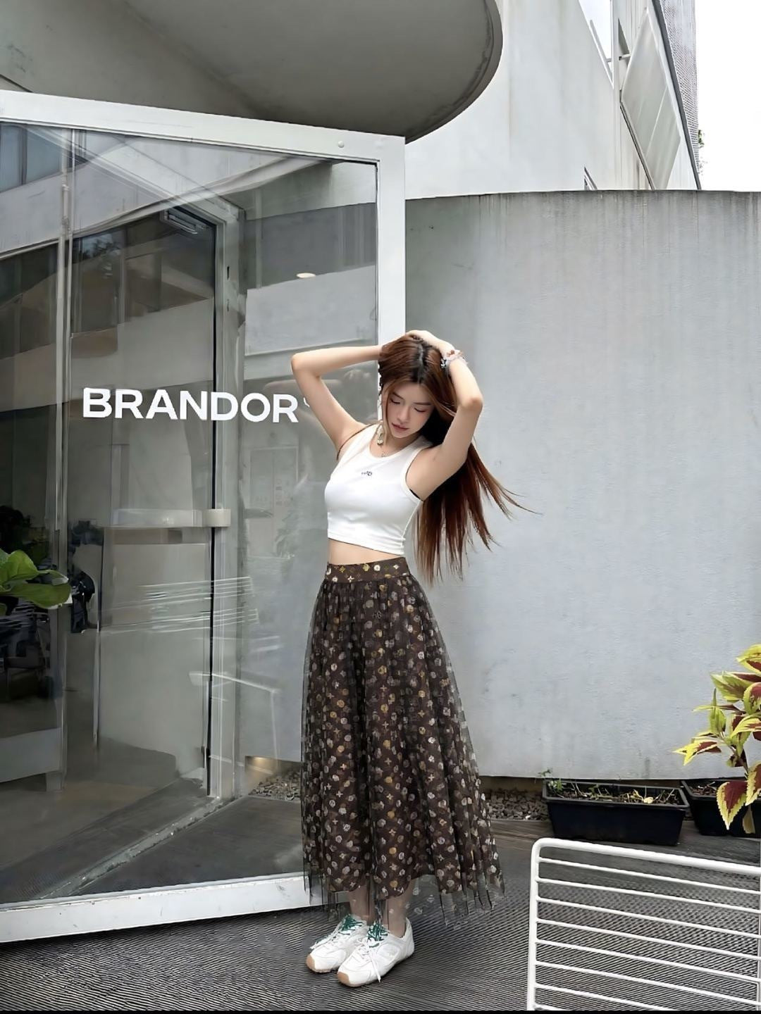 26ss Printed Mesh Midi Skirt