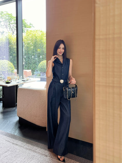 26ss Heart-shaped belted denim jumpsuit