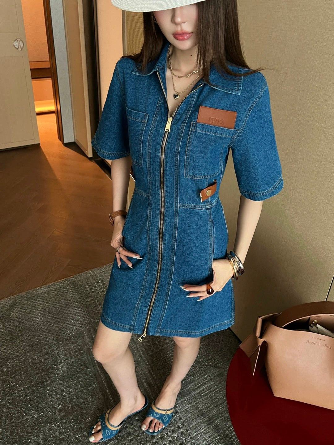 26ss Leather-trimmed denim dress