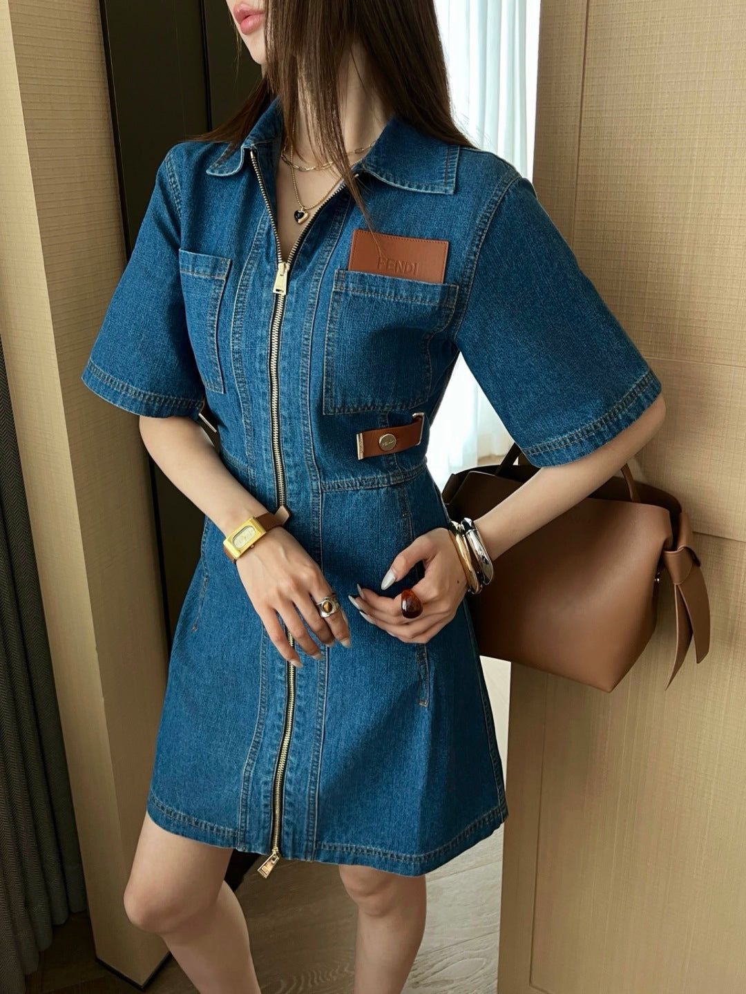 26ss Leather-trimmed denim dress