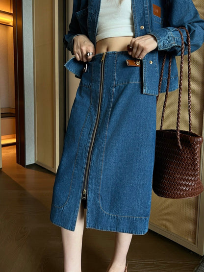 26ss Zippered Denim Midi Skirt