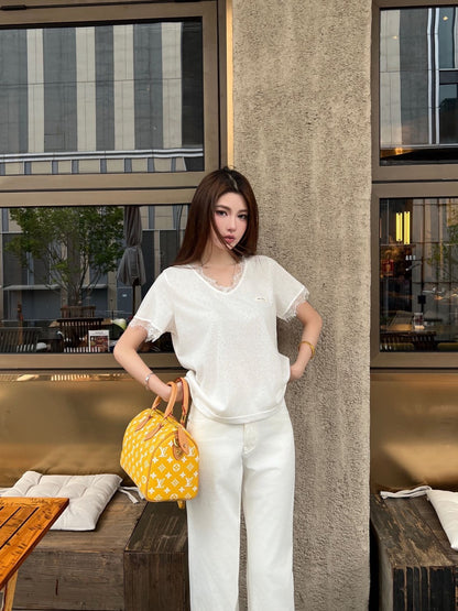26ss Lace-trimmed V-neck T-shirt