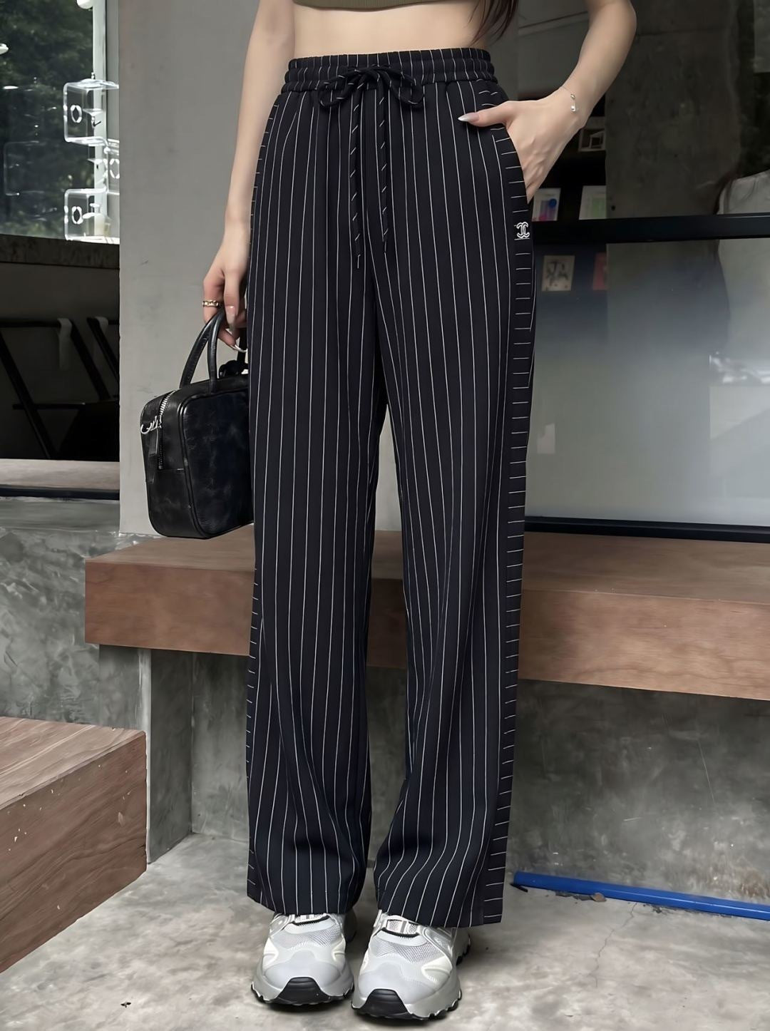 26ss Striped Embroidered Wide-Leg Pants