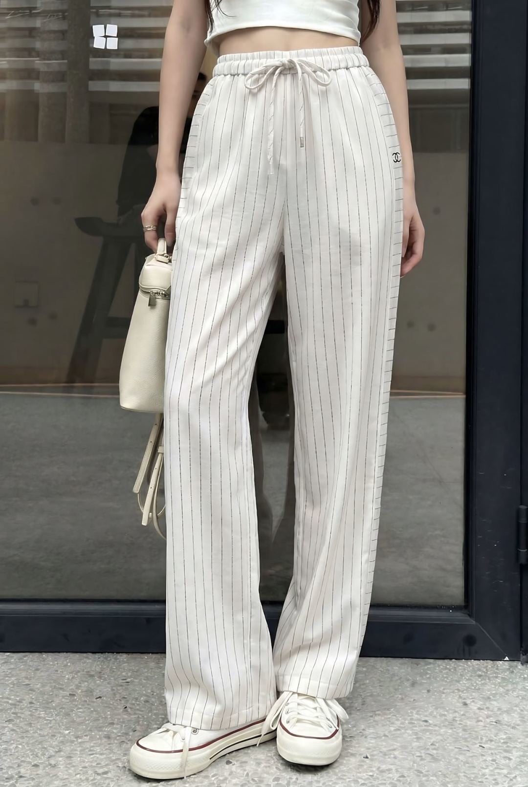 26ss Striped Embroidered Wide-Leg Pants