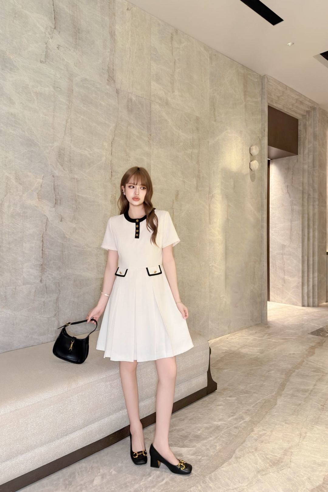 26ss Color-blocked trim dress