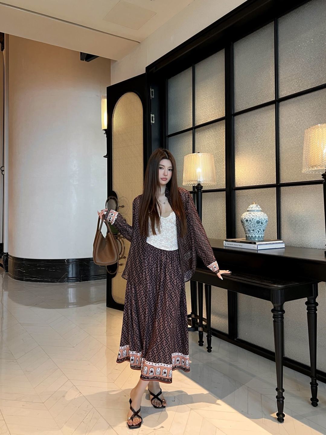 26ss Monogram Print Shirt/Elastic Waist Skirt