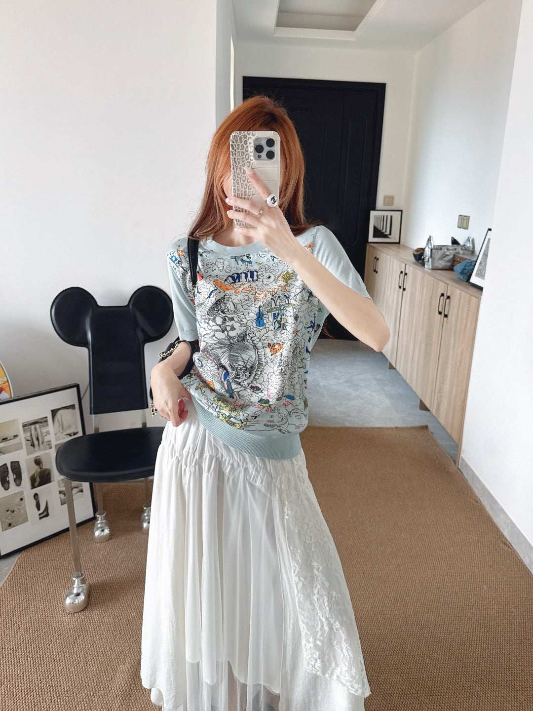 26ss Printed Pattern Patchwork Knit T-Shirt