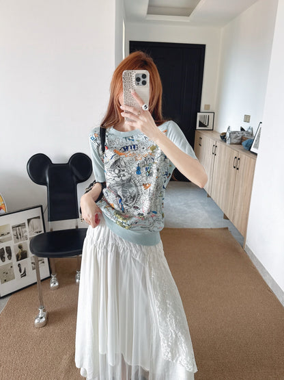 26ss Printed Pattern Patchwork Knit T-Shirt