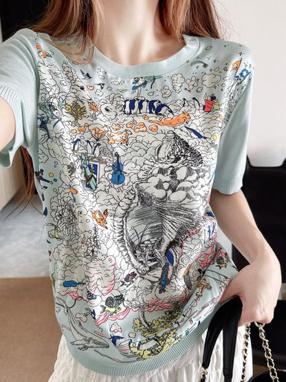 26ss Printed Pattern Patchwork Knit T-Shirt