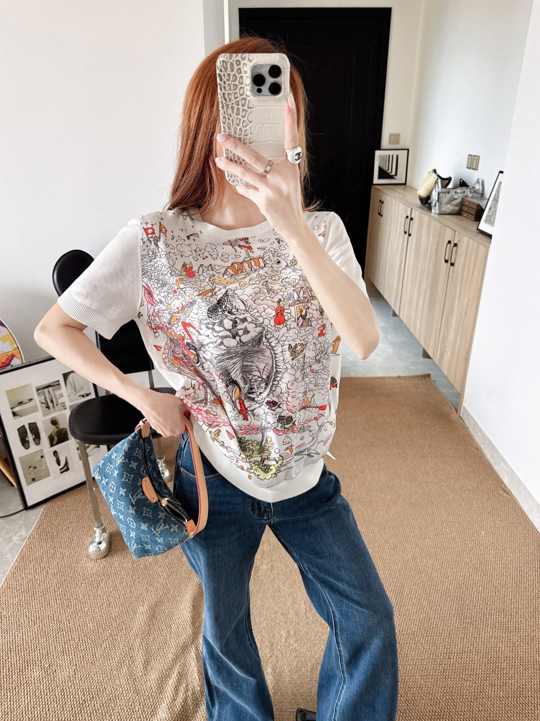 26ss Printed Pattern Patchwork Knit T-Shirt