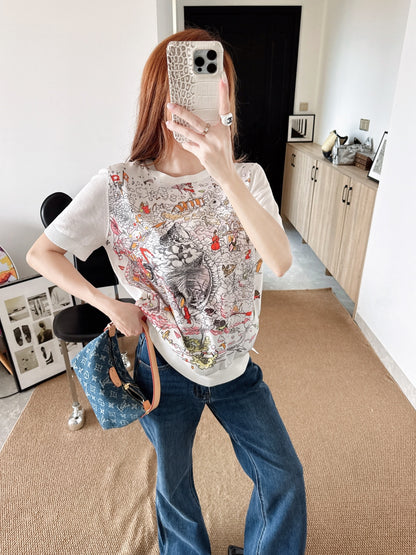 26ss Printed Pattern Patchwork Knit T-Shirt